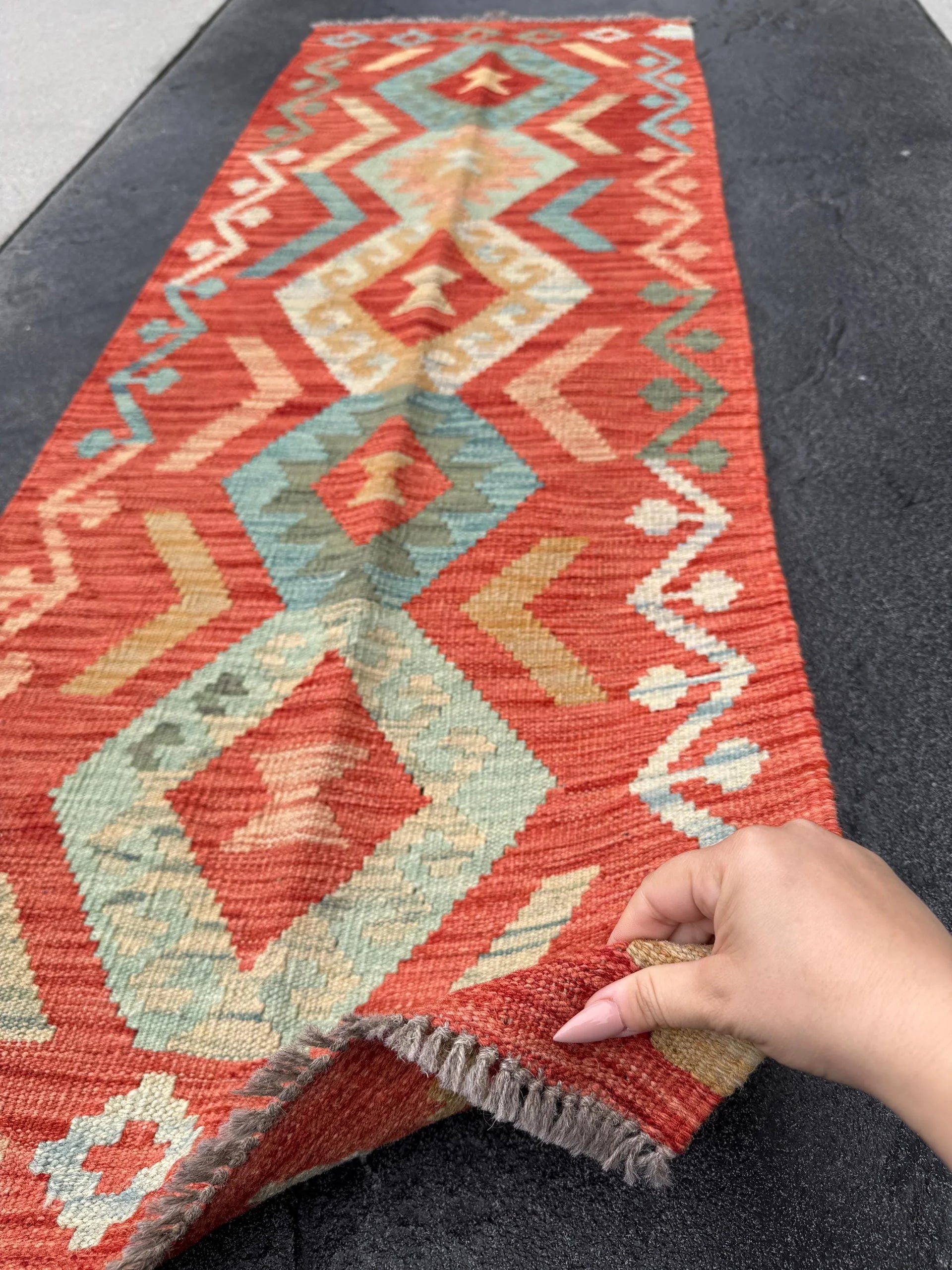 2x6 (61x182) Handmade Afghan Kilim Runner Rug | Coral Orange Peach Saffron Brick Red Powder Denim Teal Powder Blue Tan Cream | Wool