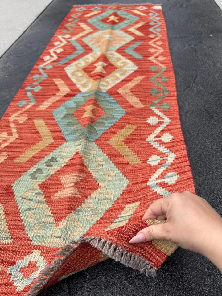2x6 (61x182) Handmade Afghan Kilim Runner Rug | Coral Orange Peach Saffron Brick Red Powder Denim Teal Powder Blue Tan Cream | Wool