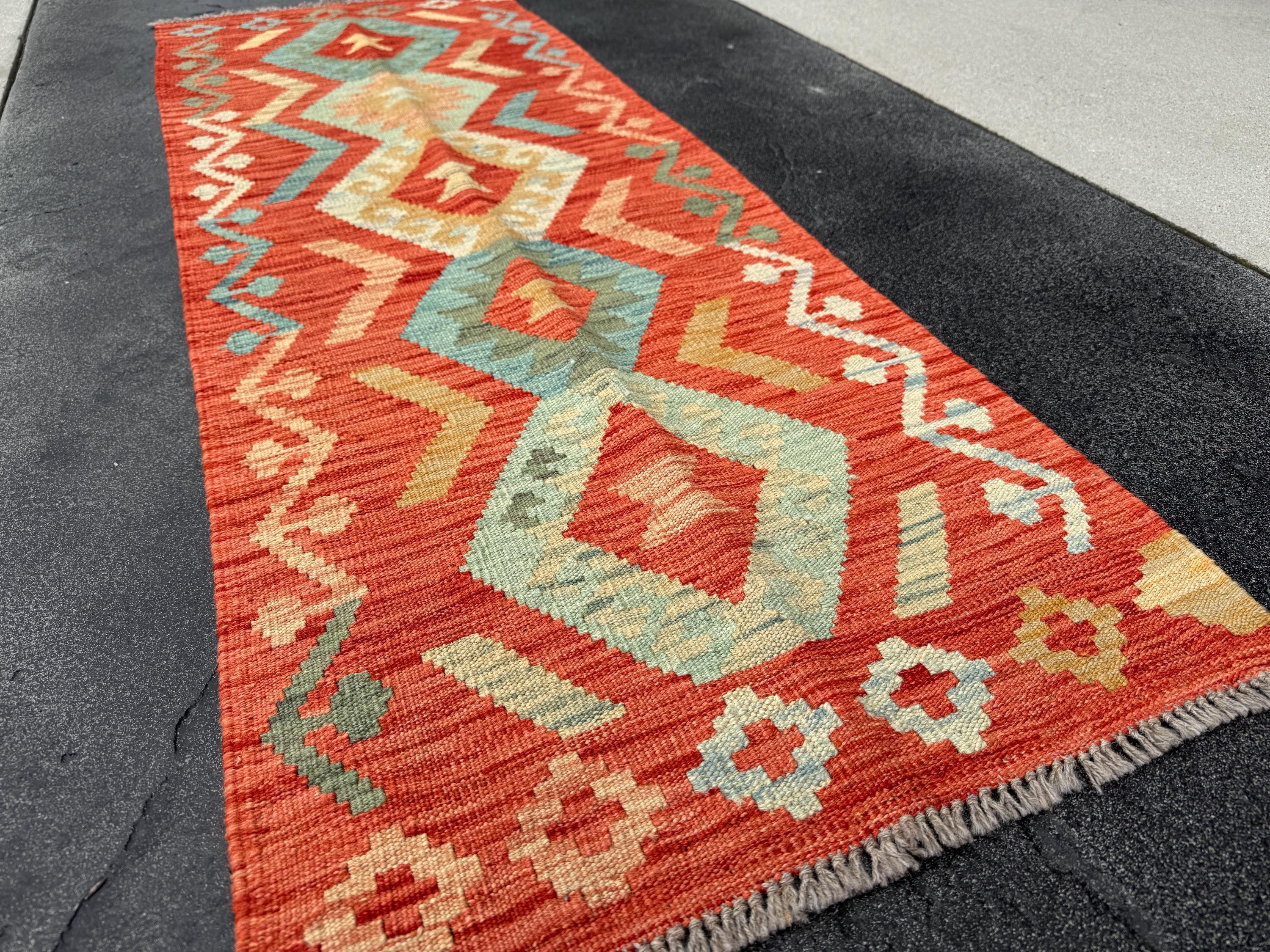 2x6 (61x182) Handmade Afghan Kilim Runner Rug | Coral Orange Peach Saffron Brick Red Powder Denim Teal Powder Blue Tan Cream | Wool
