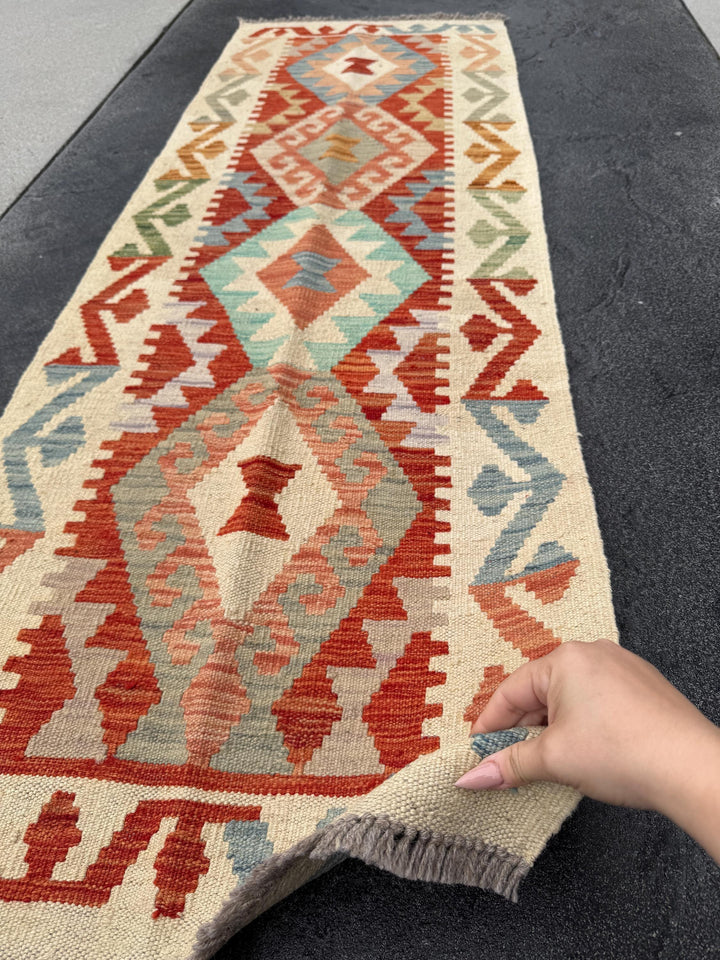 2x6 (61x182) Handmade Afghan Kilim Runner Rug | Cream Tan Taupe Denim Sky Baby Blue Crimson Scarlet Red Sage Pine Green Peach Grey Cream