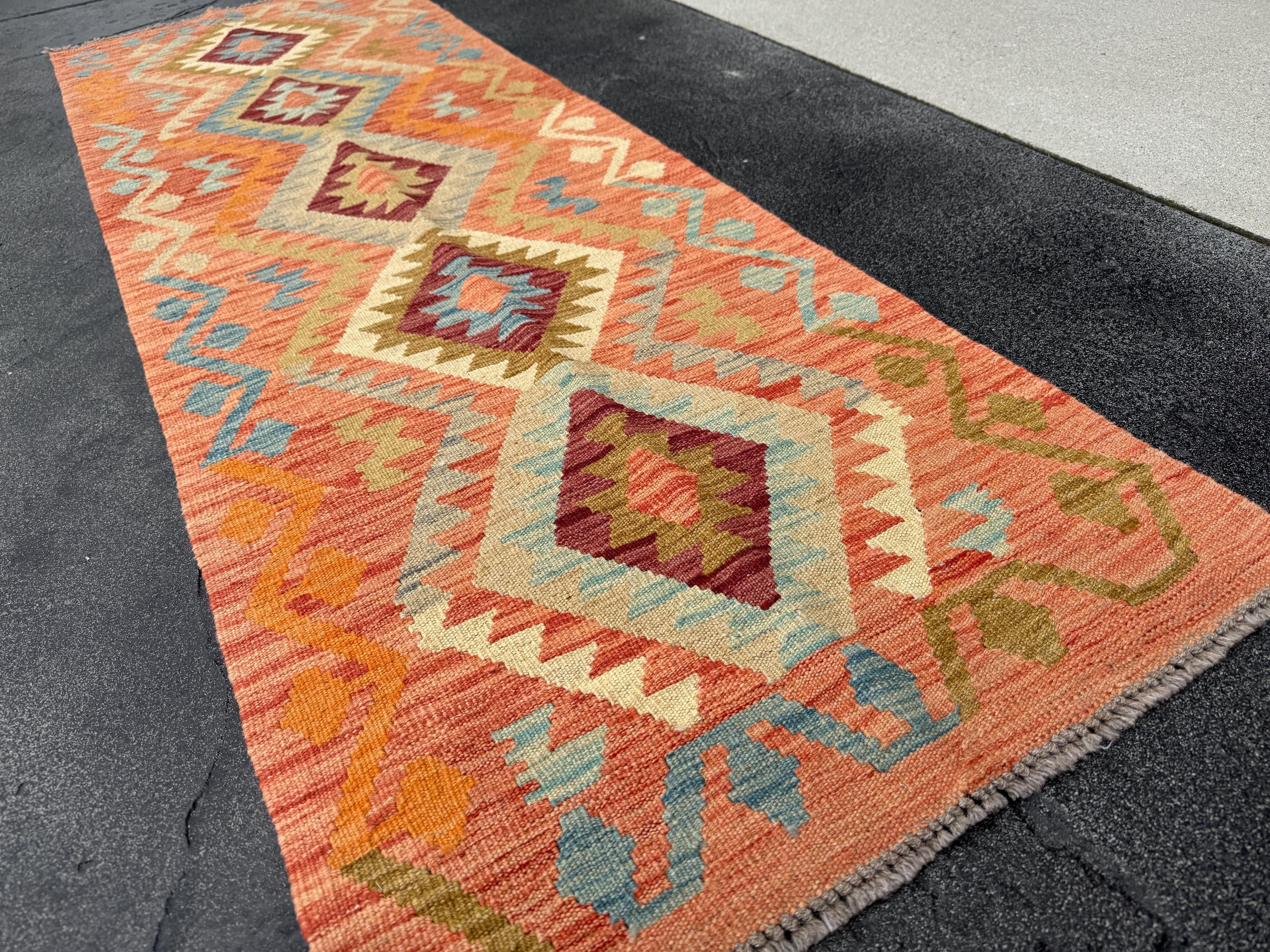 2x6-7 (61x200) Handmade Afghan Kilim Runner Rug | Coral Orange Wine Burgundy Red Cream Yellow Taupe Tan Coffee Brown Baby Denim Blue | Wool