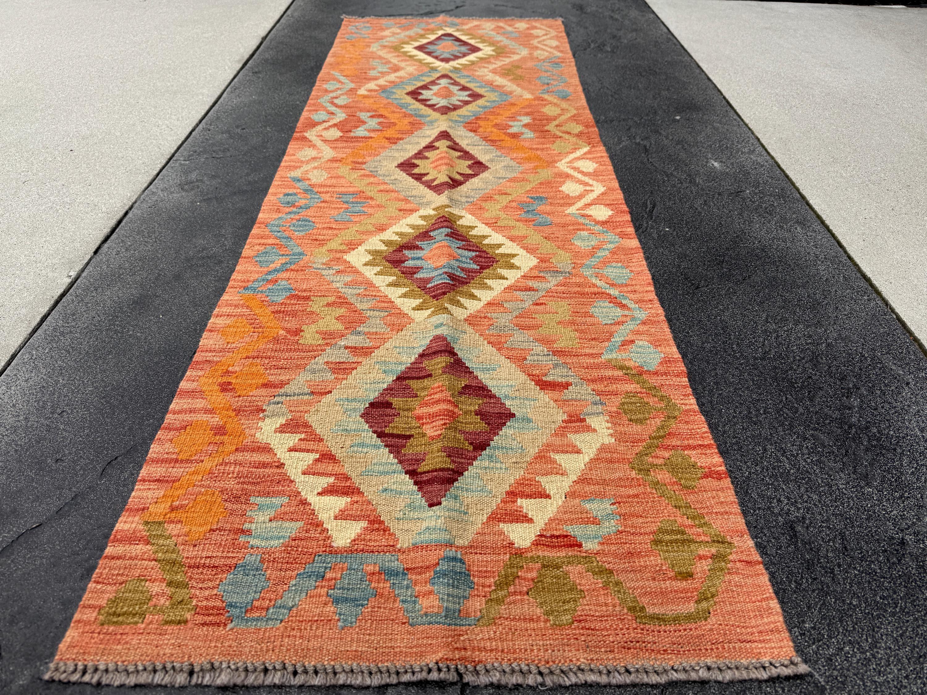 2x6-7 (61x200) Handmade Afghan Kilim Runner Rug | Coral Orange Wine Burgundy Red Cream Yellow Taupe Tan Coffee Brown Baby Denim Blue | Wool