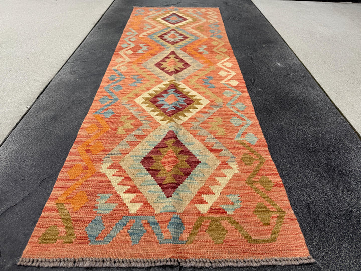2x6-7 (61x200) Handmade Afghan Kilim Runner Rug | Coral Orange Wine Burgundy Red Cream Yellow Taupe Tan Coffee Brown Baby Denim Blue | Wool