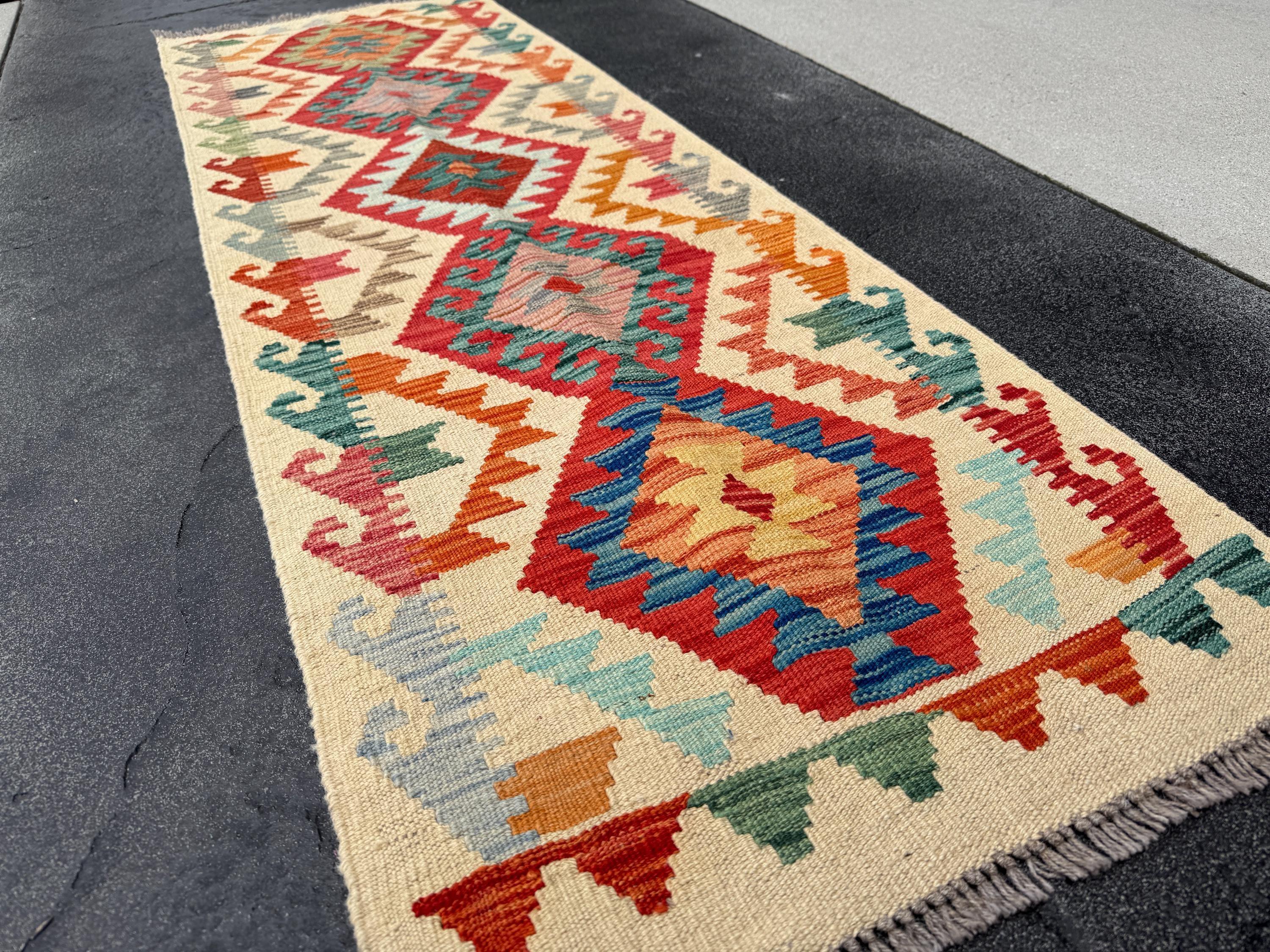 2x6 (61x182) Handmade Afghan Kilim Runner Rug | Cream Scarlet Crimson Red Orange Coreal Peach Teal Royal Baby Sky Blue | Wool Flatweave