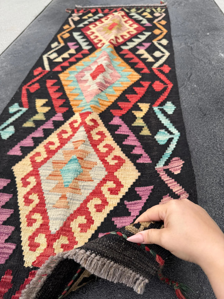 2x6 (61x182) Handmade Afghan Kilim Runner Rug | Black Sky Baby Blue Fuchsia Pink Brick Scarlet Red Coffee Brown Peach Orange Green Saffron