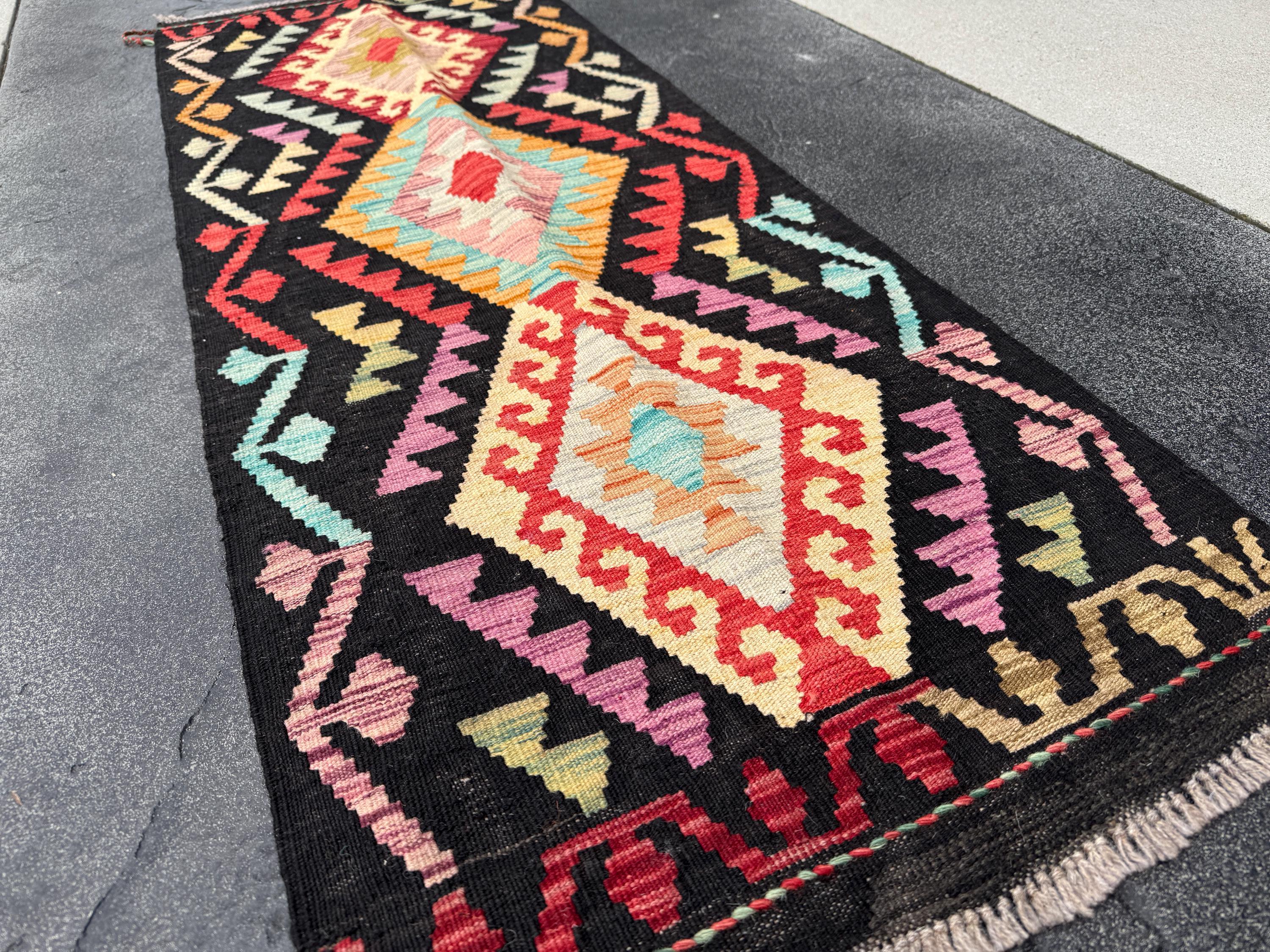 2x6 (61x182) Handmade Afghan Kilim Runner Rug | Black Sky Baby Blue Fuchsia Pink Brick Scarlet Red Coffee Brown Peach Orange Green Saffron