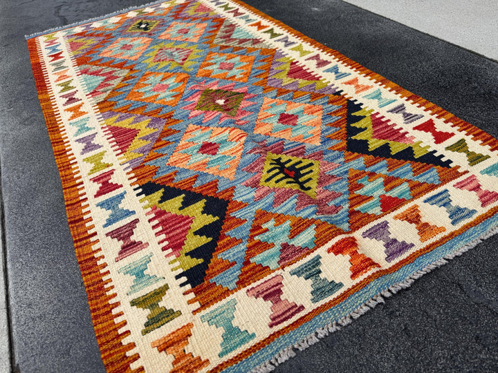 3x5 Handmade Afghan Kilim Rug | Burnt Coral Orange Black Olive Moss Chartreuse Green Baby Denim Aqua Blue Crimson Red Burgundy Purple Grey
