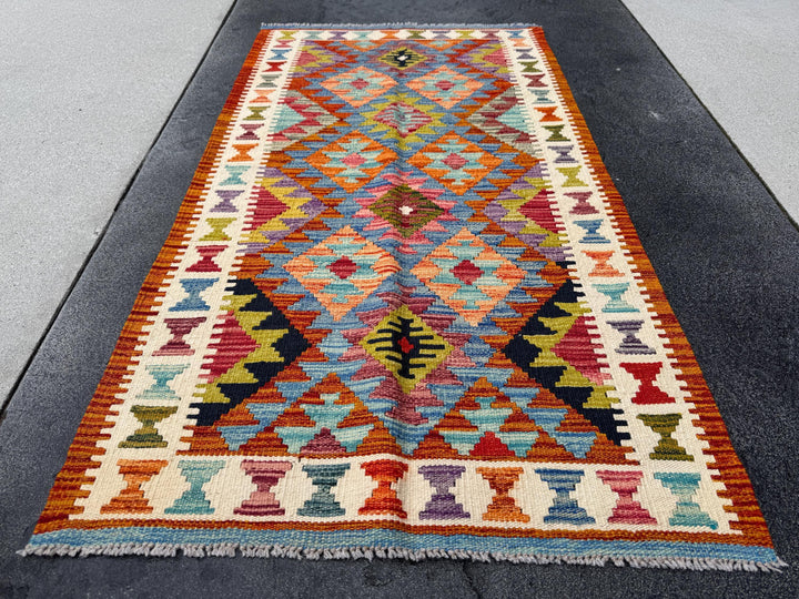 3x5 Handmade Afghan Kilim Rug | Burnt Coral Orange Black Olive Moss Chartreuse Green Baby Denim Aqua Blue Crimson Red Burgundy Purple Grey