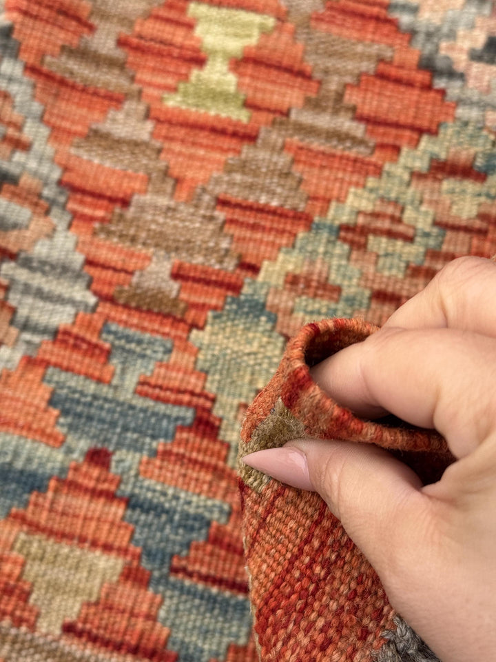 3x5 (91x152) Handmade Afghan Kilim Rug | Burnt Orange Olive Green Prussian Teal Denim Blue Tan Coffee Brown Brick Red | Wool Flatweave