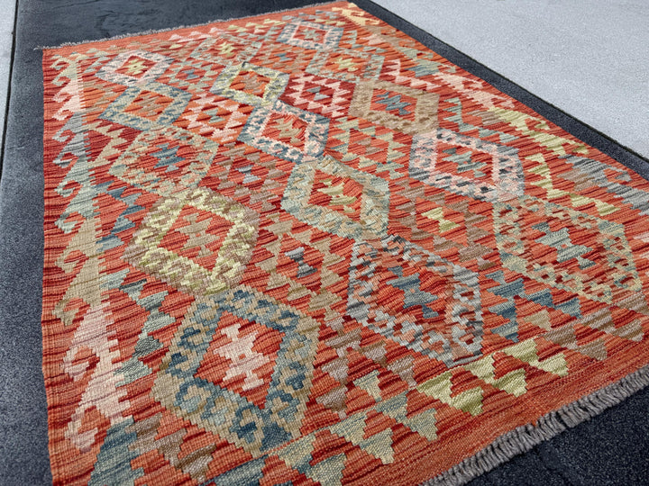 3x5 (91x152) Handmade Afghan Kilim Rug | Burnt Orange Olive Green Prussian Teal Denim Blue Tan Coffee Brown Brick Red | Wool Flatweave