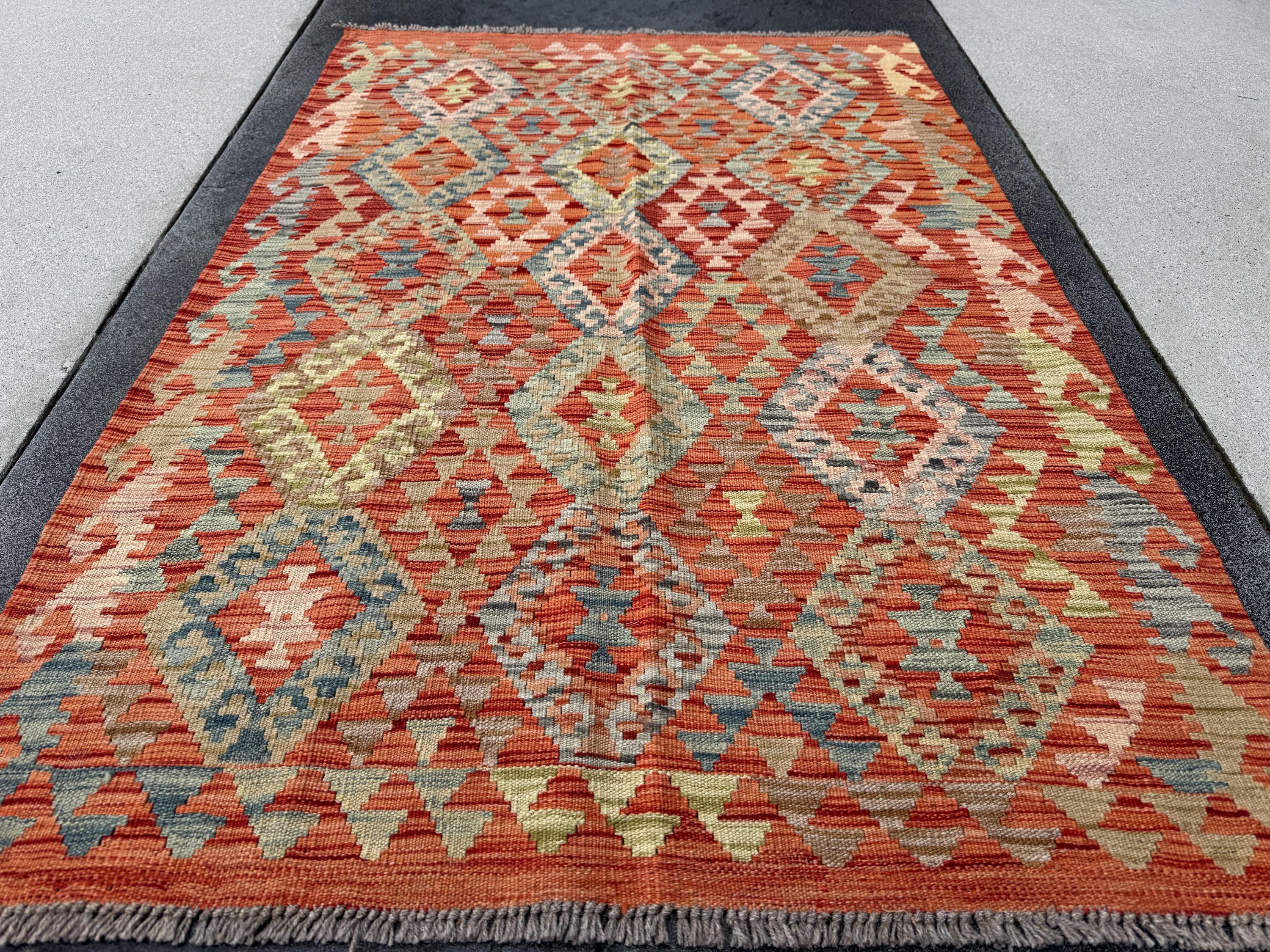 3x5 (91x152) Handmade Afghan Kilim Rug | Burnt Orange Olive Green Prussian Teal Denim Blue Tan Coffee Brown Brick Red | Wool Flatweave
