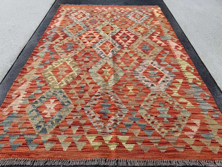 3x5 (91x152) Handmade Afghan Kilim Rug | Burnt Orange Olive Green Prussian Teal Denim Blue Tan Coffee Brown Brick Red | Wool Flatweave
