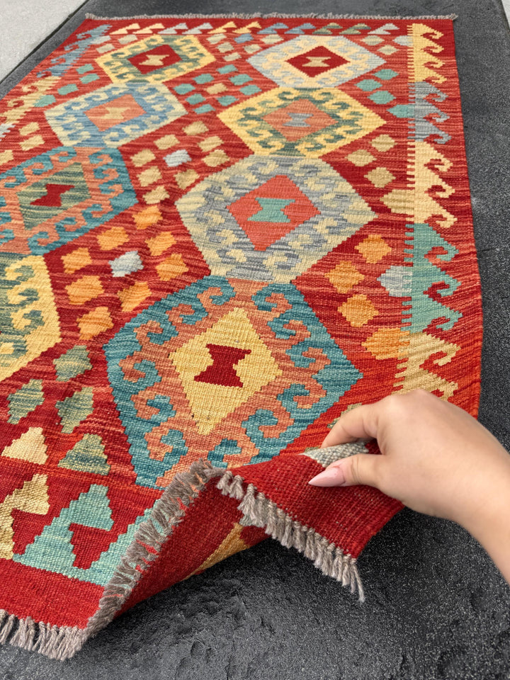 3x5 (91x152) Handmade Afghan Kilim Rug | Scarlet Crimson Blood Red Saffron Yellow Rust Orange Teal Turquoise Sky Denim Powder Blue Green Tan