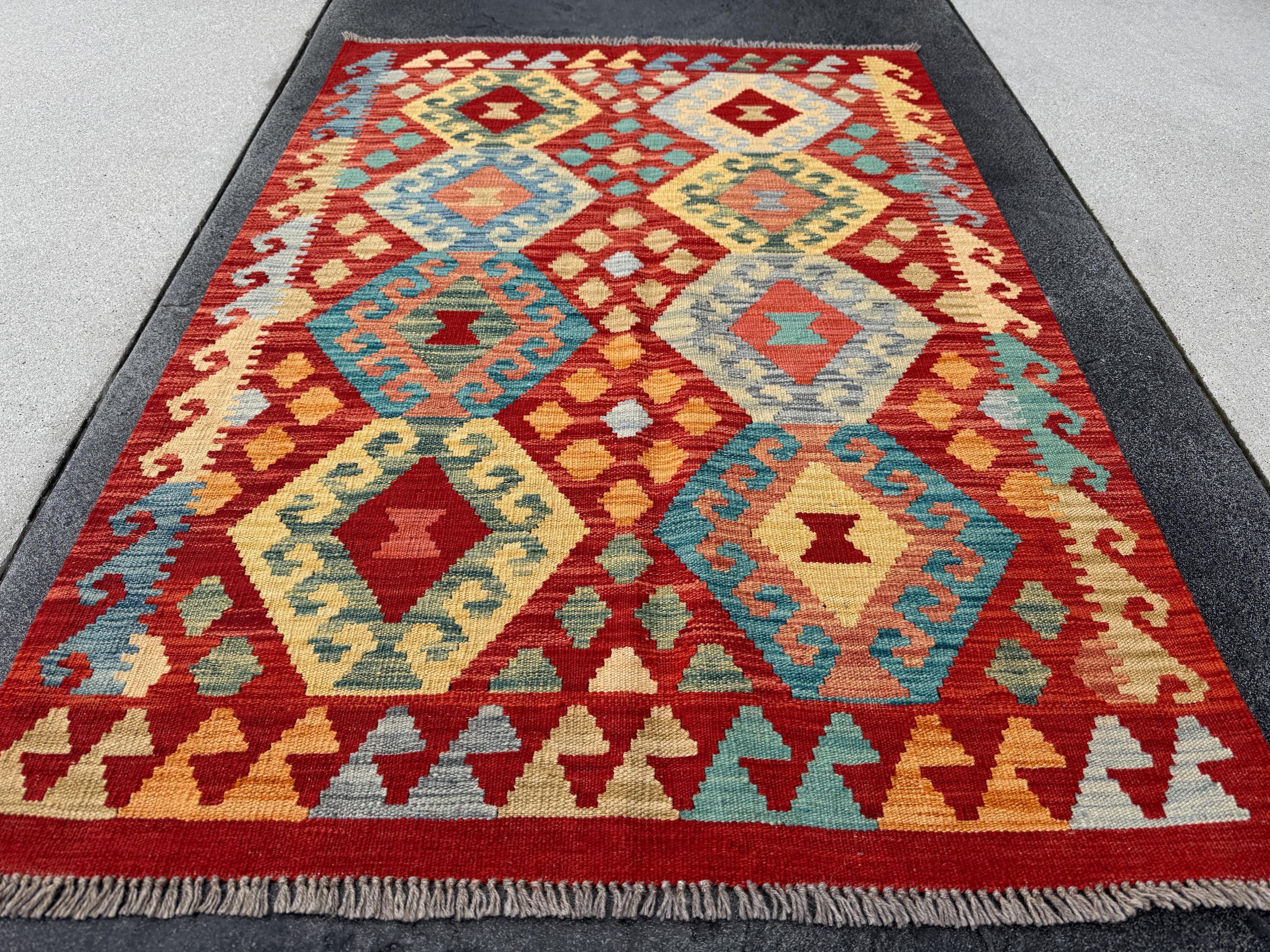 3x5 (91x152) Handmade Afghan Kilim Rug | Scarlet Crimson Blood Red Saffron Yellow Rust Orange Teal Turquoise Sky Denim Powder Blue Green Tan