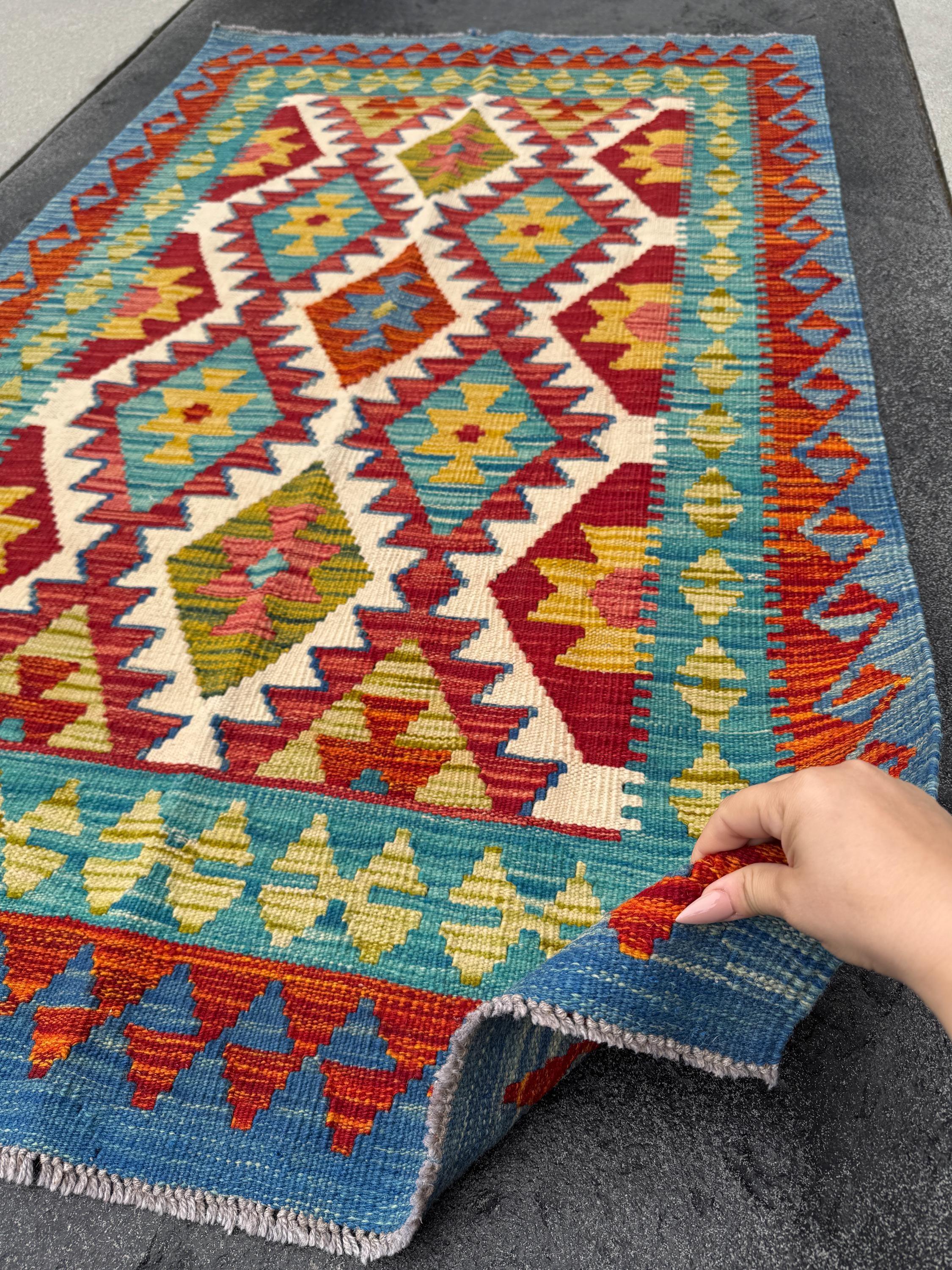 3x5 Handmade Afghan Kilim Rug | Royal Denim Teal Turquoise Blue Cream Scarlet Crimson Blood Red Moss Olive Green Mustard Yellow Burnt Orange