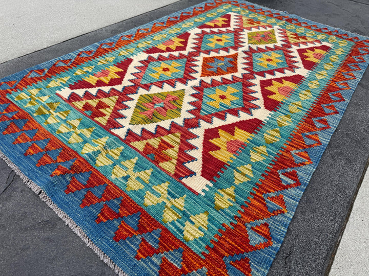 3x5 Handmade Afghan Kilim Rug | Royal Denim Teal Turquoise Blue Cream Scarlet Crimson Blood Red Moss Olive Green Mustard Yellow Burnt Orange