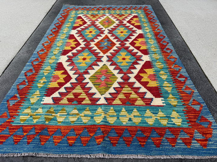 3x5 Handmade Afghan Kilim Rug | Royal Denim Teal Turquoise Blue Cream Scarlet Crimson Blood Red Moss Olive Green Mustard Yellow Burnt Orange