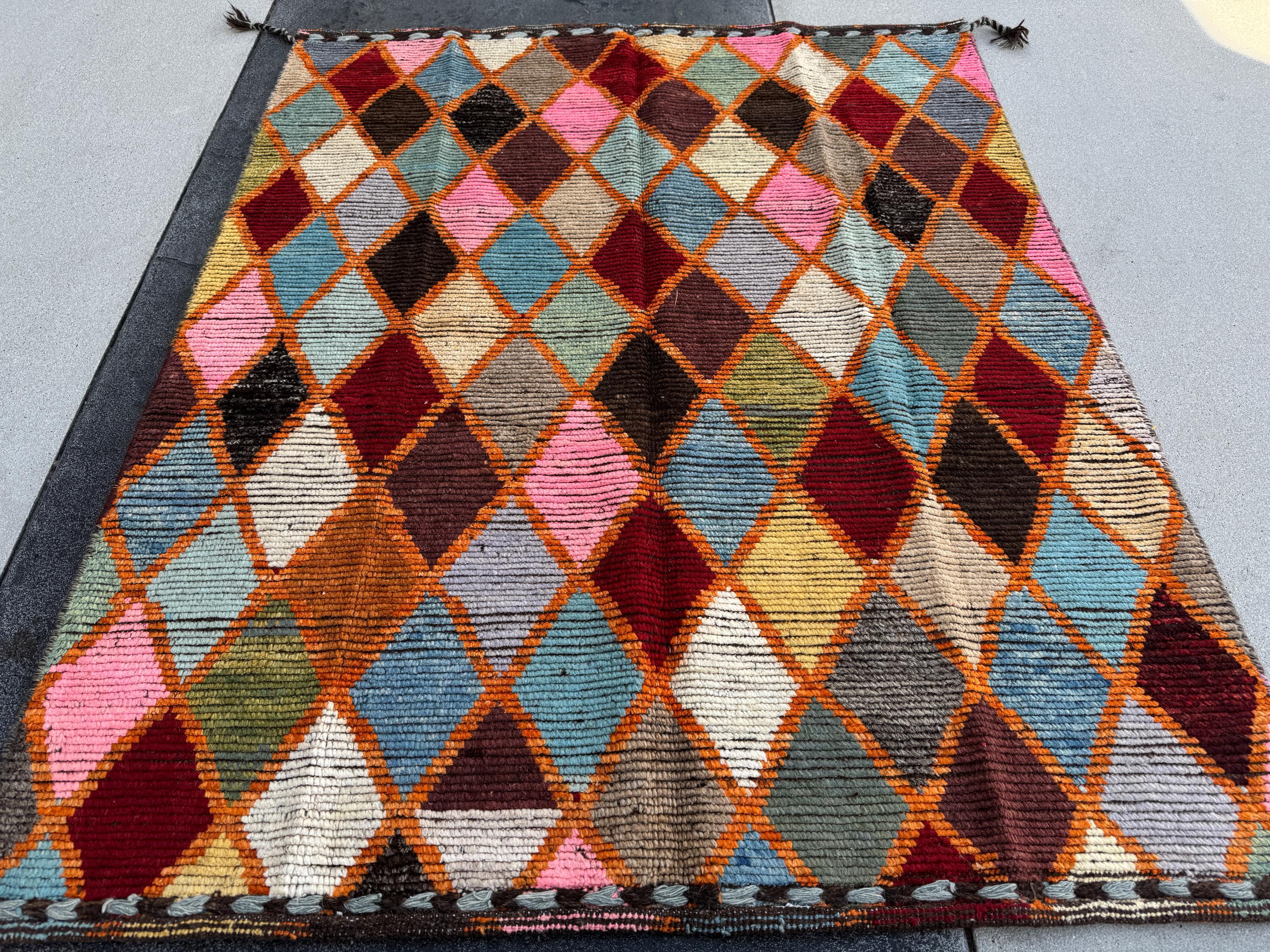 5x6 Handmade Afghan Moroccan Rug | Burnt Rust Orange Garnet Red Denim Sky Prussian Blue Forest Moss Green Pink Purple Yellow White Black Tan