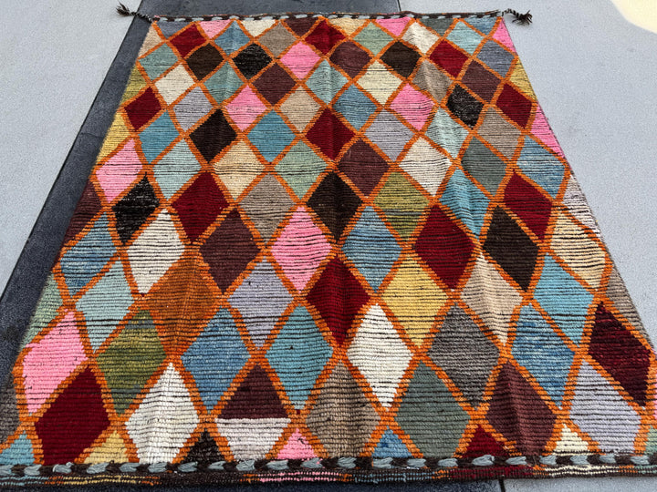 5x6 Handmade Afghan Moroccan Rug | Burnt Rust Orange Garnet Red Denim Sky Prussian Blue Forest Moss Green Pink Purple Yellow White Black Tan