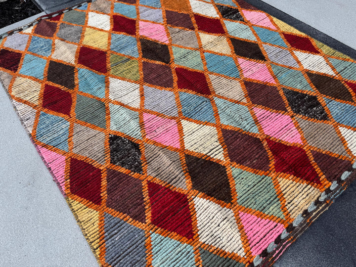 5x6 Handmade Afghan Moroccan Rug | Burnt Rust Orange Garnet Red Denim Sky Prussian Blue Forest Moss Green Pink Purple Yellow White Black Tan