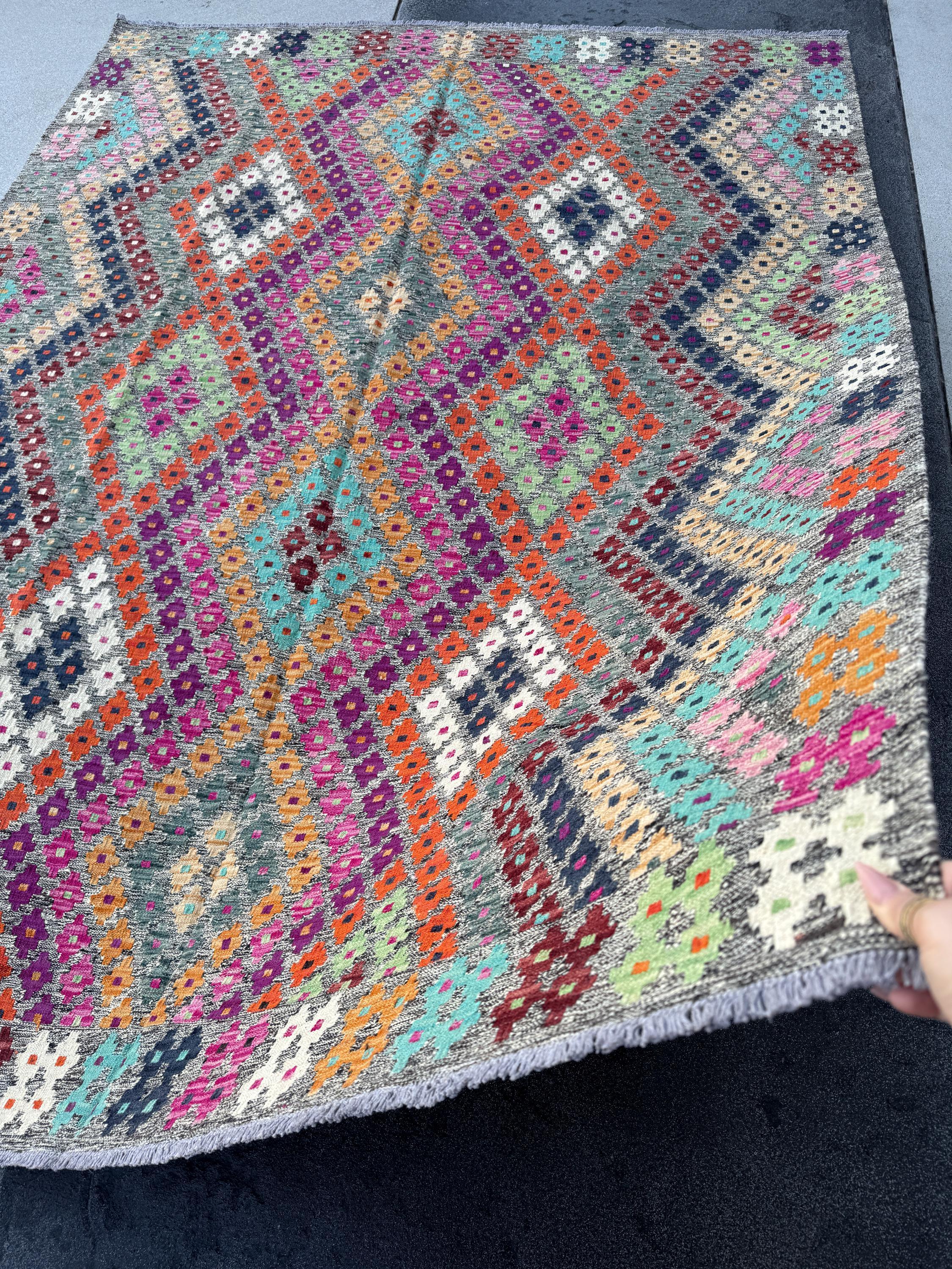 6x8 Handmade Afghan Kilim Runner Rug | Grey White Navy Aqua Midnight Blue Fuchsia Baby Pink Burnt Peach Orange Tan Purple Mint Green Maroon