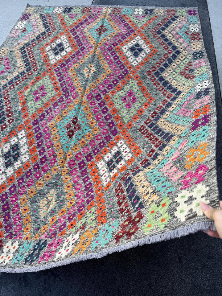 6x8 Handmade Afghan Kilim Runner Rug | Grey White Navy Aqua Midnight Blue Fuchsia Baby Pink Burnt Peach Orange Tan Purple Mint Green Maroon