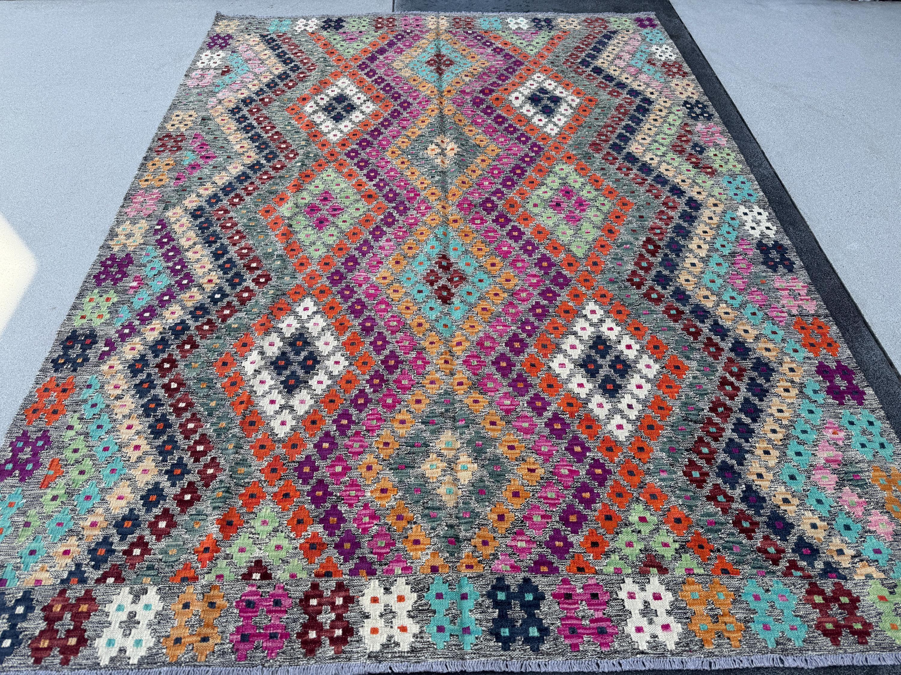 6x8 Handmade Afghan Kilim Runner Rug | Grey White Navy Aqua Midnight Blue Fuchsia Baby Pink Burnt Peach Orange Tan Purple Mint Green Maroon