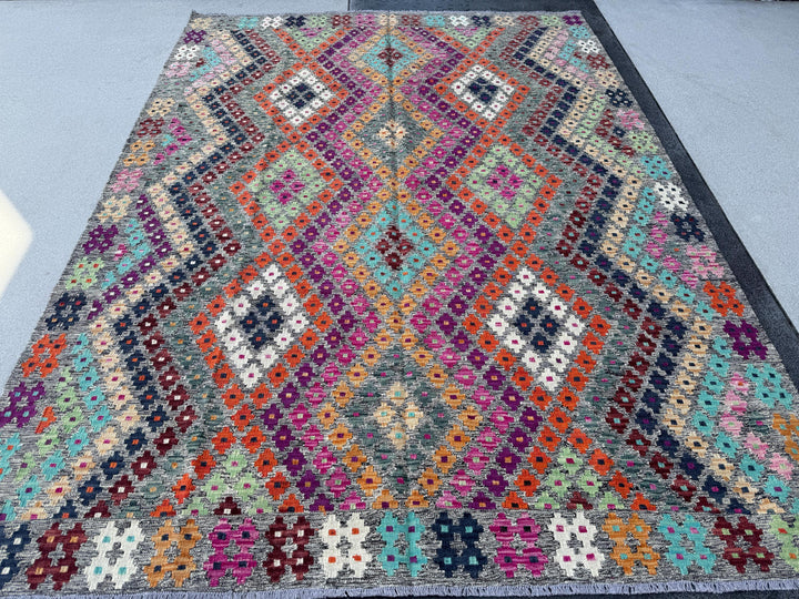 6x8 Handmade Afghan Kilim Runner Rug | Grey White Navy Aqua Midnight Blue Fuchsia Baby Pink Burnt Peach Orange Tan Purple Mint Green Maroon