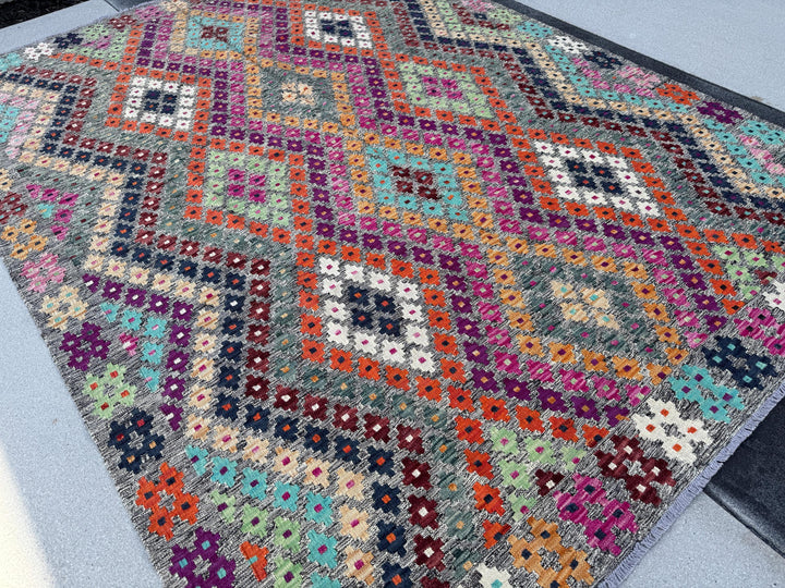 6x8 Handmade Afghan Kilim Runner Rug | Grey White Navy Aqua Midnight Blue Fuchsia Baby Pink Burnt Peach Orange Tan Purple Mint Green Maroon