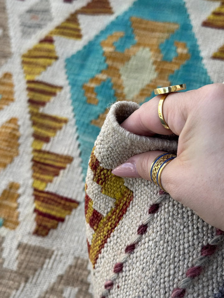 7x10 Handmade Afghan Kilim Runner Rug | Sand Cream Tan Taupe Moss Olive Green Aqua Denim Prussian Blue Wine Red Burnt Rust Orange Mustard