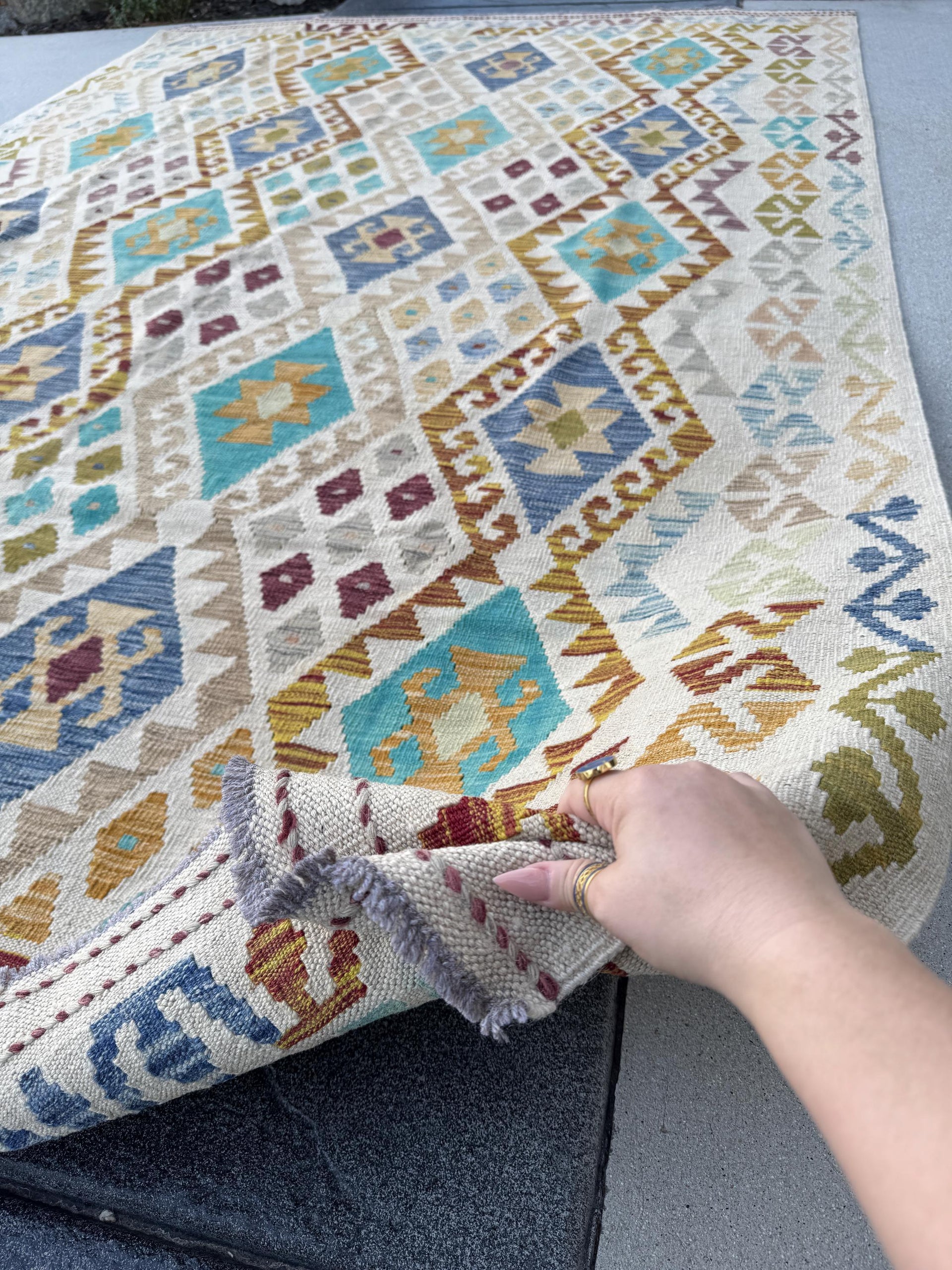 7x10 Handmade Afghan Kilim Runner Rug | Sand Cream Tan Taupe Moss Olive Green Aqua Denim Prussian Blue Wine Red Burnt Rust Orange Mustard