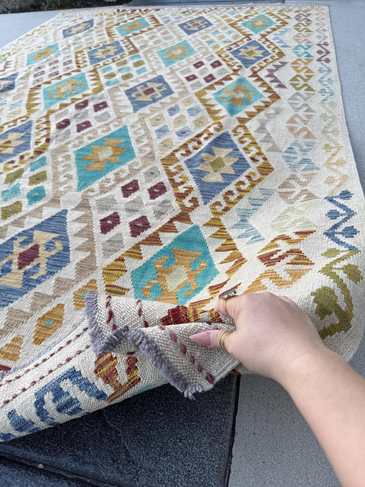 7x10 Handmade Afghan Kilim Runner Rug | Sand Cream Tan Taupe Moss Olive Green Aqua Denim Prussian Blue Wine Red Burnt Rust Orange Mustard