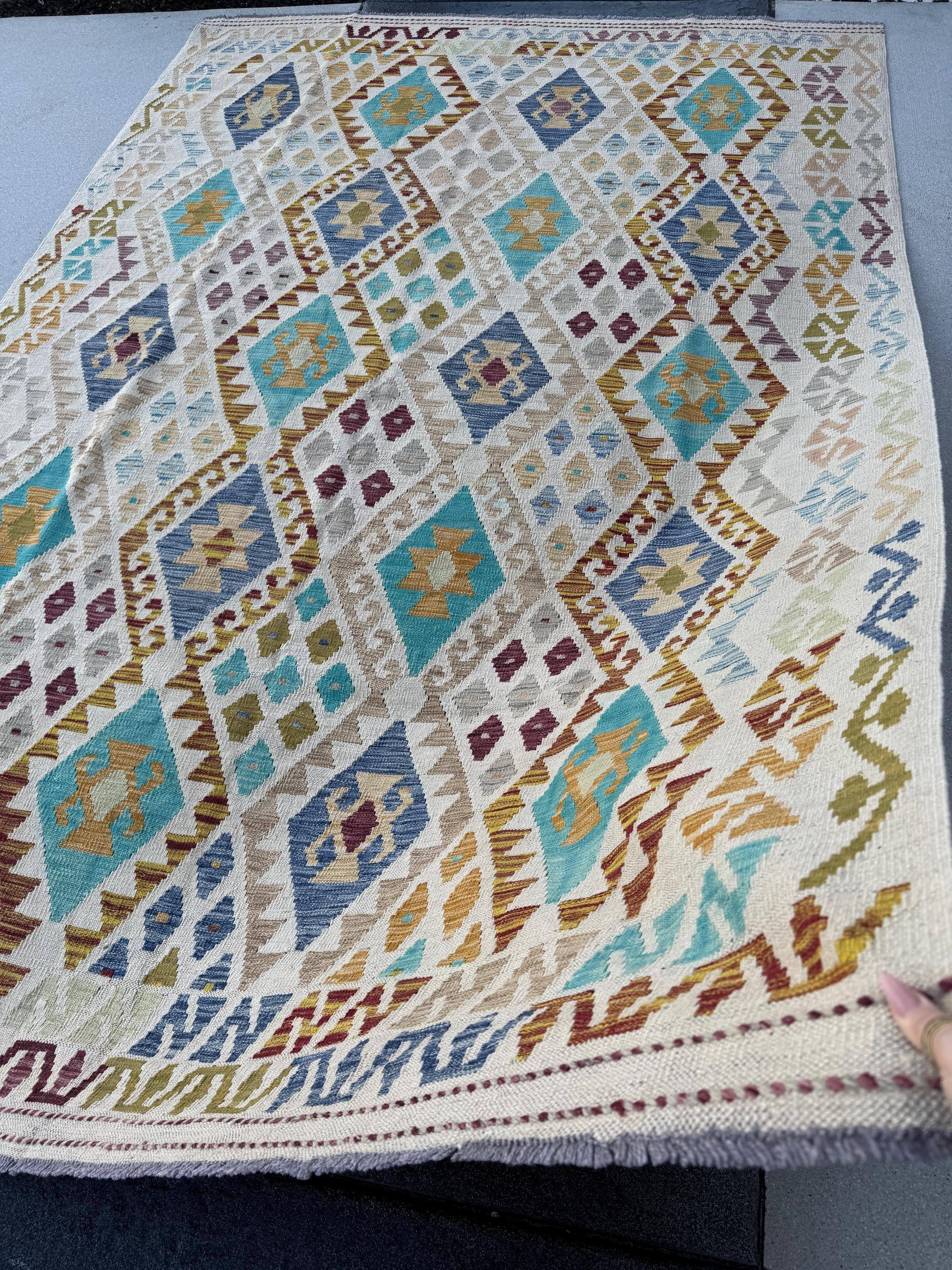 7x10 Handmade Afghan Kilim Runner Rug | Sand Cream Tan Taupe Moss Olive Green Aqua Denim Prussian Blue Wine Red Burnt Rust Orange Mustard