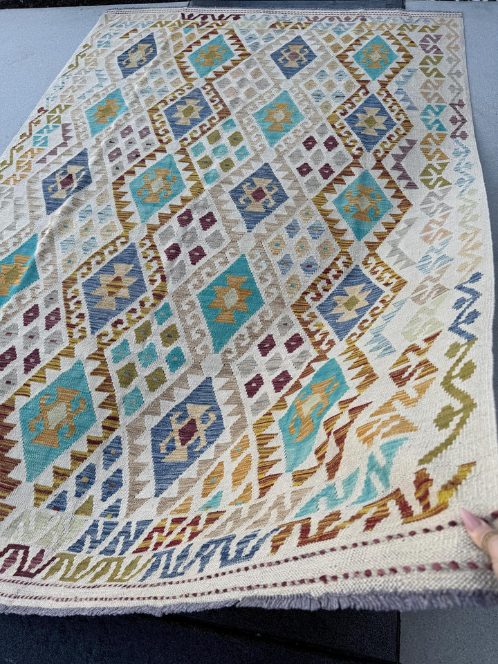 7x10 Handmade Afghan Kilim Runner Rug | Sand Cream Tan Taupe Moss Olive Green Aqua Denim Prussian Blue Wine Red Burnt Rust Orange Mustard