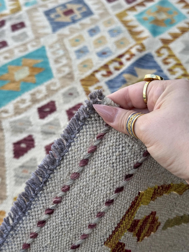 7x10 Handmade Afghan Kilim Runner Rug | Sand Cream Tan Taupe Moss Olive Green Aqua Denim Prussian Blue Wine Red Burnt Rust Orange Mustard