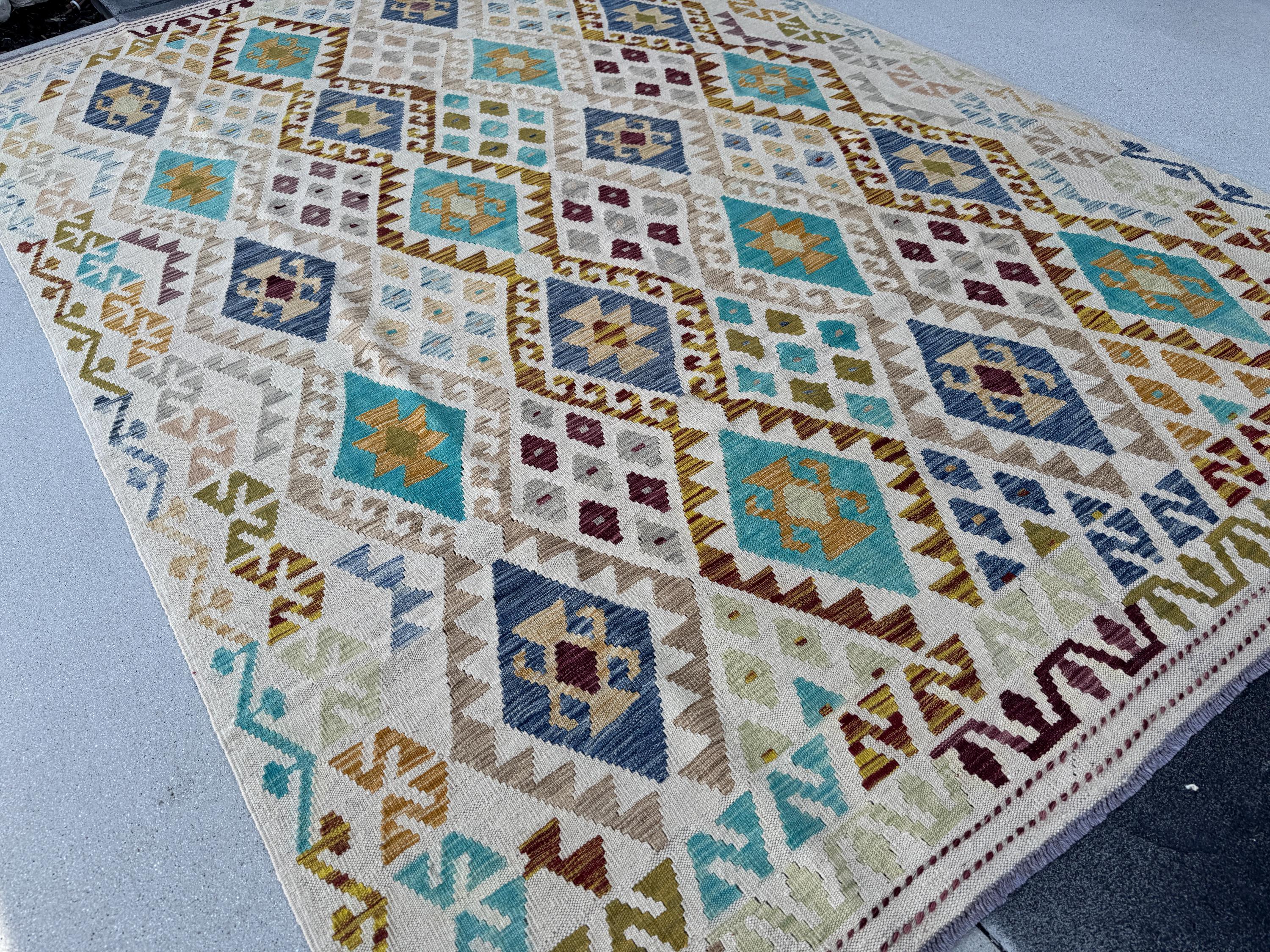 7x10 Handmade Afghan Kilim Runner Rug | Sand Cream Tan Taupe Moss Olive Green Aqua Denim Prussian Blue Wine Red Burnt Rust Orange Mustard