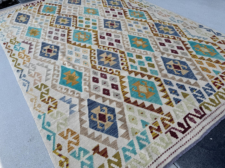 7x10 Handmade Afghan Kilim Runner Rug | Sand Cream Tan Taupe Moss Olive Green Aqua Denim Prussian Blue Wine Red Burnt Rust Orange Mustard