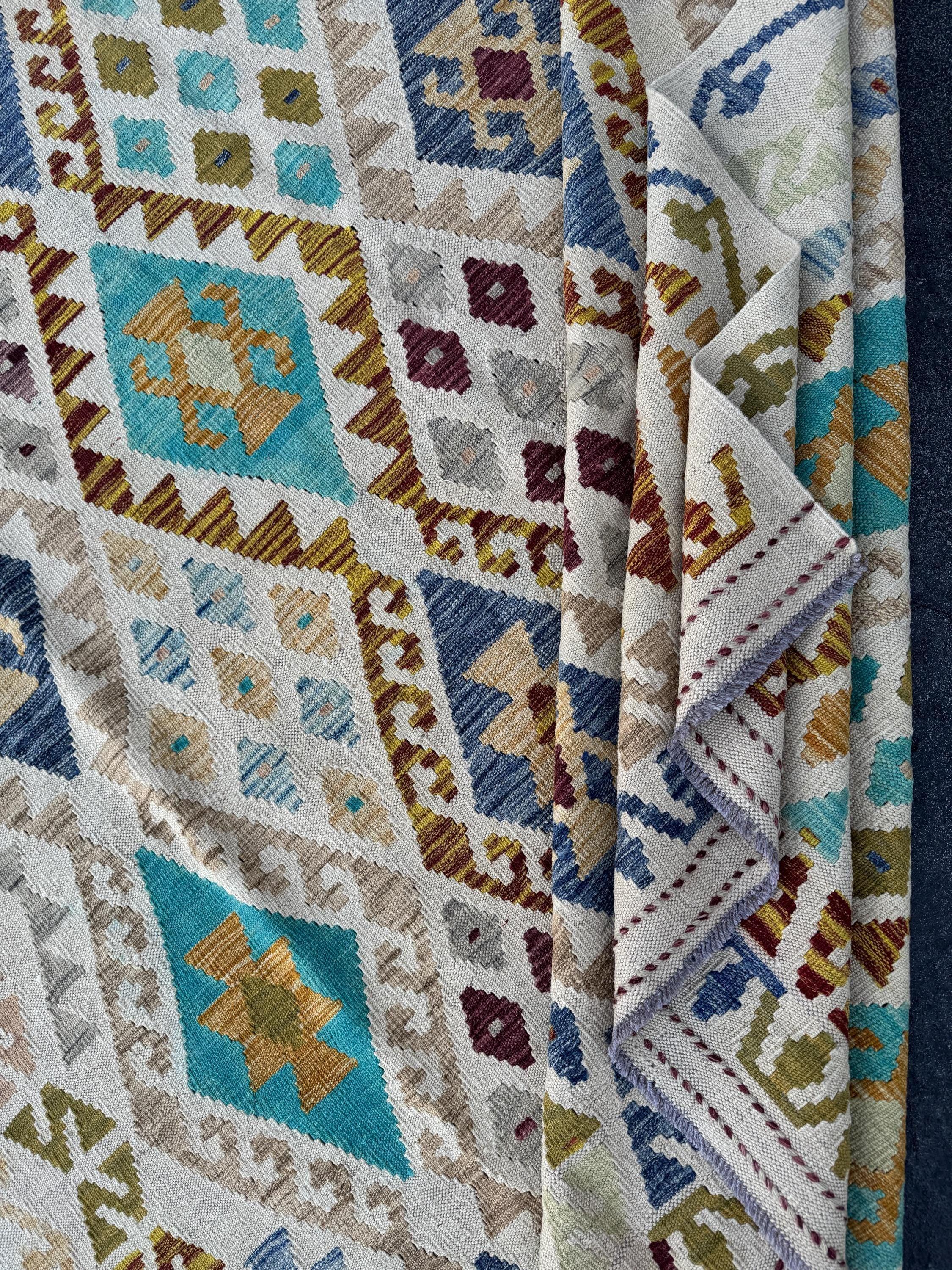 7x10 Handmade Afghan Kilim Runner Rug | Sand Cream Tan Taupe Moss Olive Green Aqua Denim Prussian Blue Wine Red Burnt Rust Orange Mustard