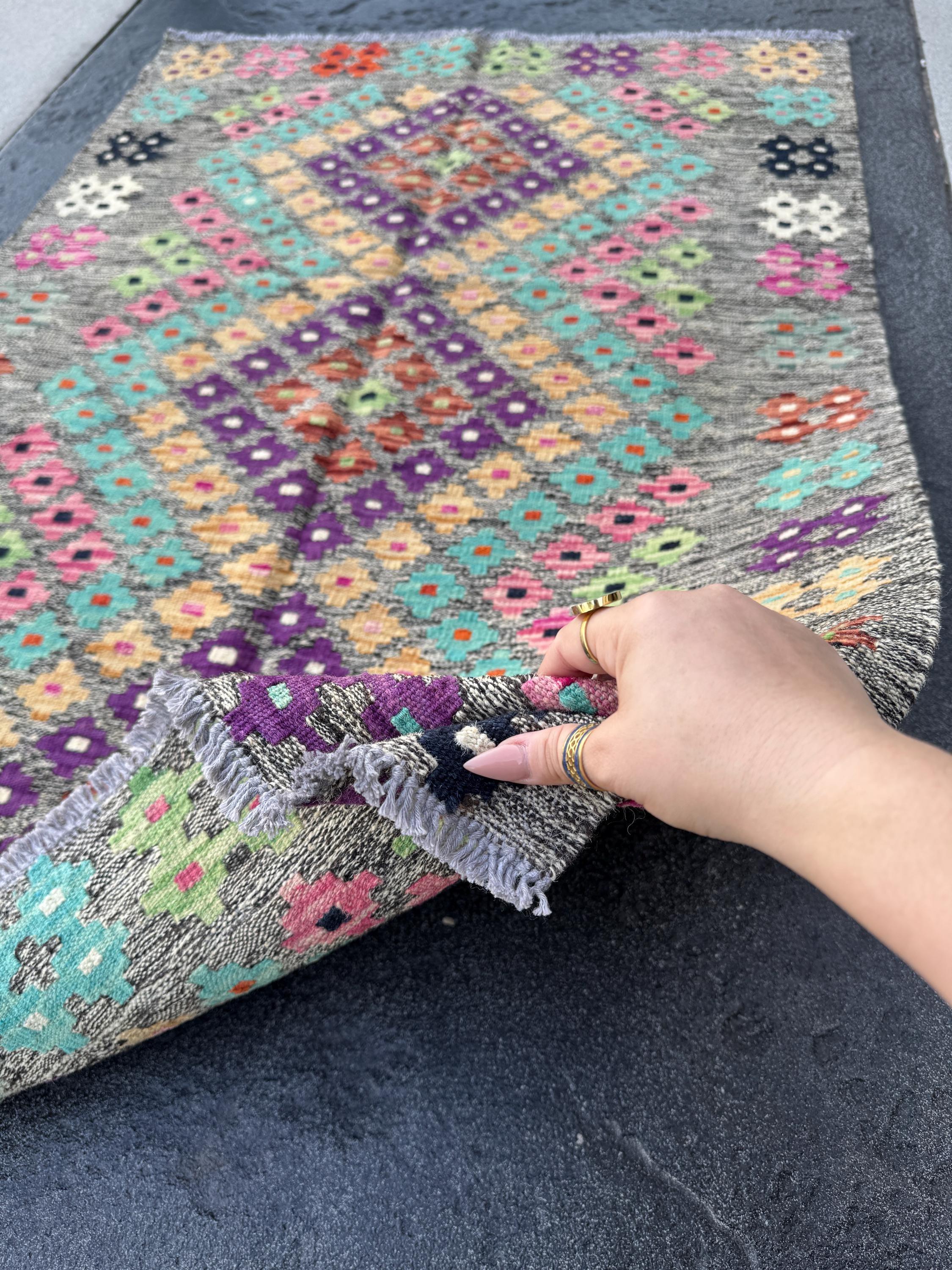 3x5 Handmade Afghan Kilim Runner Rug | Grey Black Cream Blush Baby Pink Peach Burnt Orange Purple Mint Green Aqua Midnight Blue | Wool
