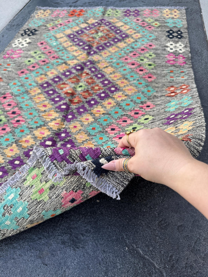 3x5 Handmade Afghan Kilim Runner Rug | Grey Black Cream Blush Baby Pink Peach Burnt Orange Purple Mint Green Aqua Midnight Blue | Wool