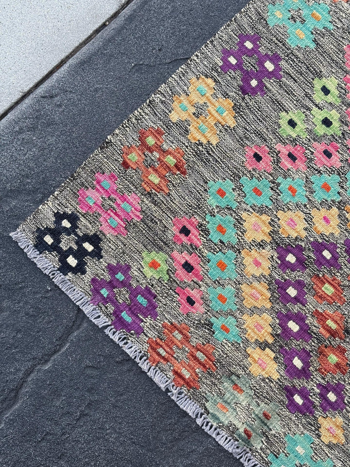 3x5 Handmade Afghan Kilim Runner Rug | Grey Black Cream Blush Baby Pink Peach Burnt Orange Purple Mint Green Aqua Midnight Blue | Wool