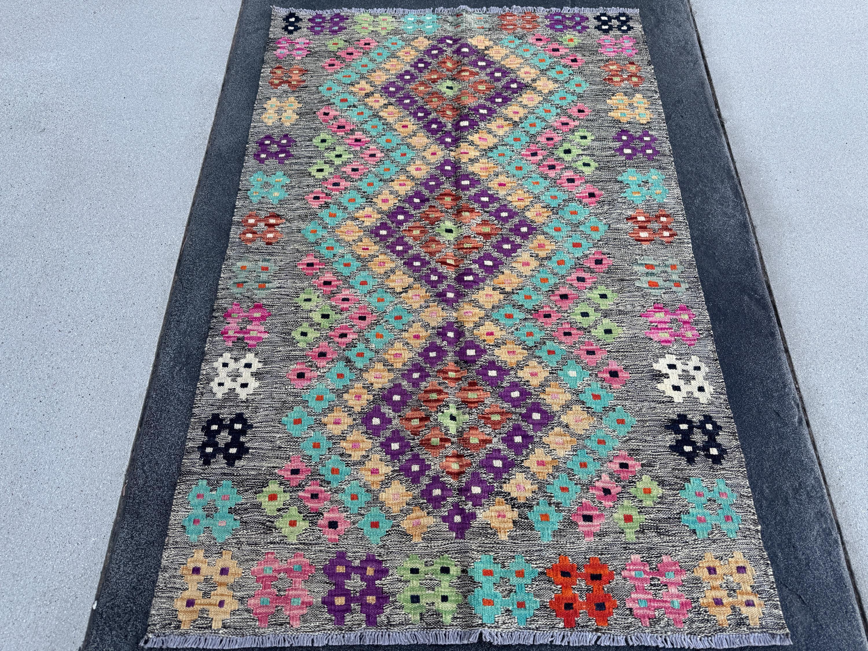 3x5 Handmade Afghan Kilim Runner Rug | Grey Black Cream Blush Baby Pink Peach Burnt Orange Purple Mint Green Aqua Midnight Blue | Wool