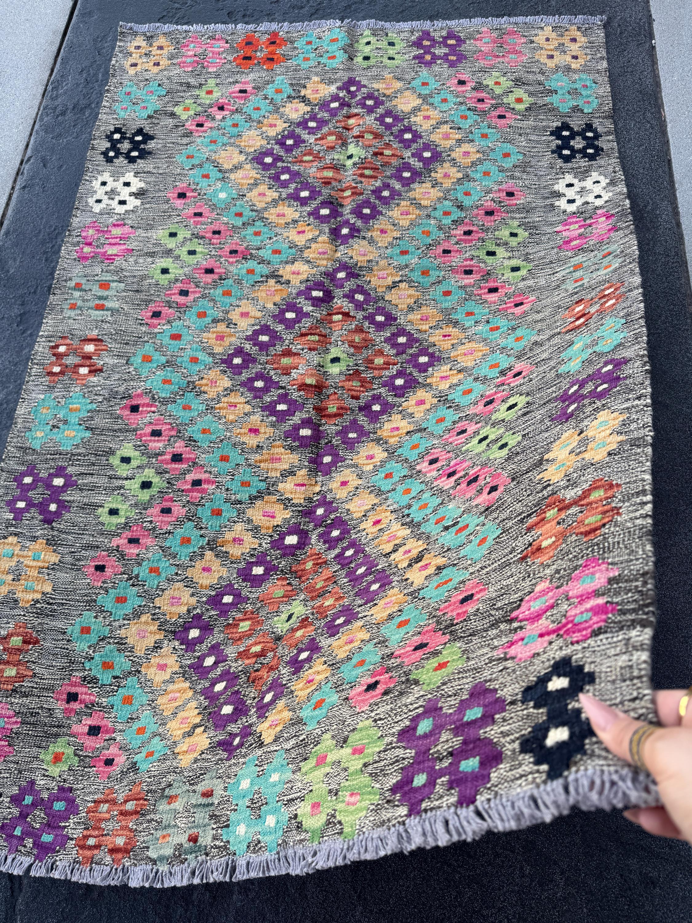 3x5 Handmade Afghan Kilim Runner Rug | Grey Black Cream Blush Baby Pink Peach Burnt Orange Purple Mint Green Aqua Midnight Blue | Wool