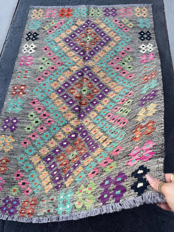3x5 Handmade Afghan Kilim Runner Rug | Grey Black Cream Blush Baby Pink Peach Burnt Orange Purple Mint Green Aqua Midnight Blue | Wool