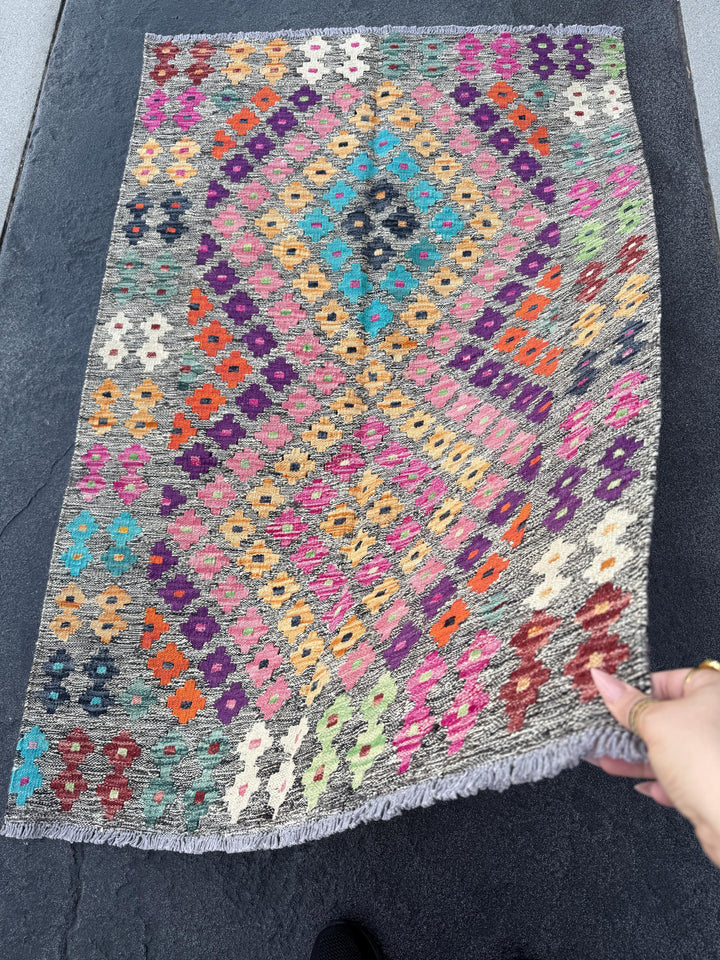 3x5 Handmade Afghan Kilim Runner Rug | Grey Aqua Teal Blue Peach Orange White Cream Fuchsia Blush Pink Black Purple Mint Green Wine Red