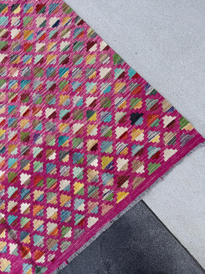 6x8 (182x243) Handmade Afghan Kilim Rug | Fuchsia Salmon Blush Pink Denim Navy Midnight Blue Yellow Moss Forest Green Teal White Cream Red