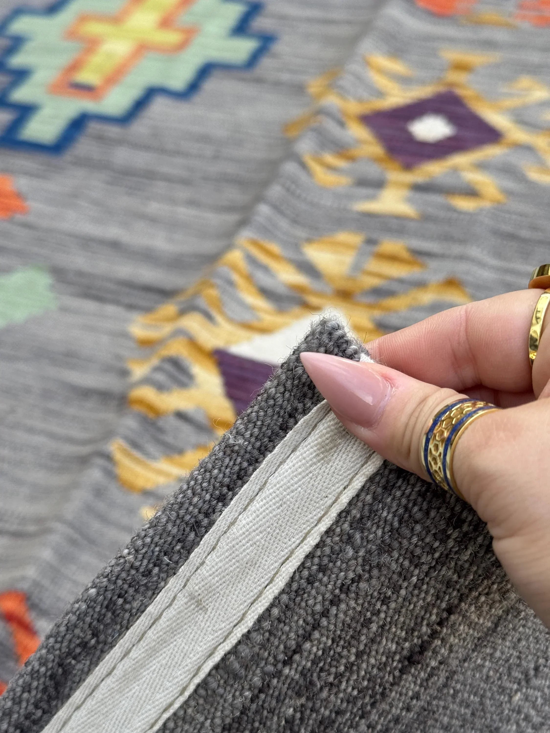 3x5 (91x152) Handmade Afghan Kilim Rug | Grey Charcoal Powder Denim Navy Blue Purple White Cream Yellow Orange Saffron | Wool Flatweave