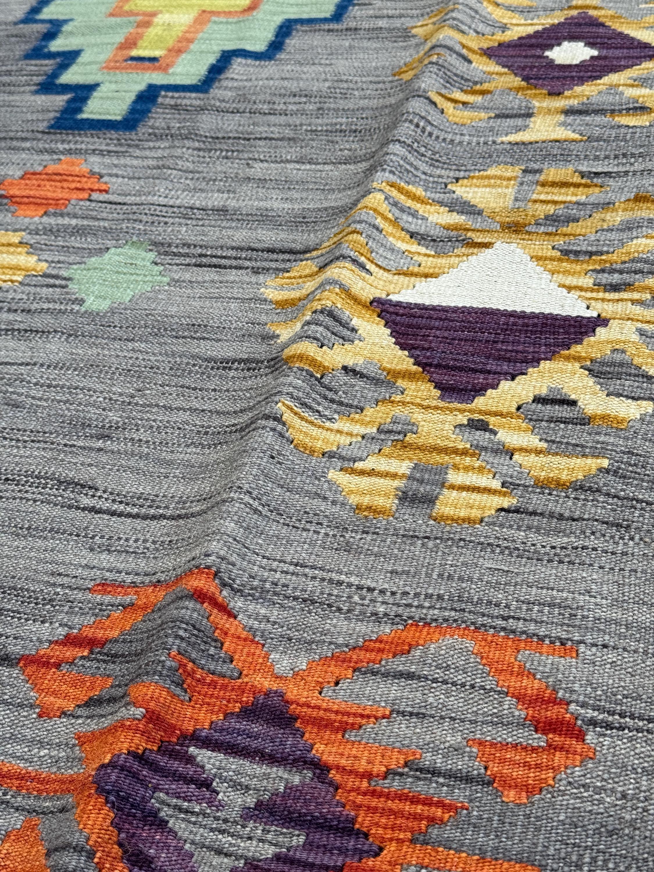 3x5 (91x152) Handmade Afghan Kilim Rug | Grey Charcoal Powder Denim Navy Blue Purple White Cream Yellow Orange Saffron | Wool Flatweave