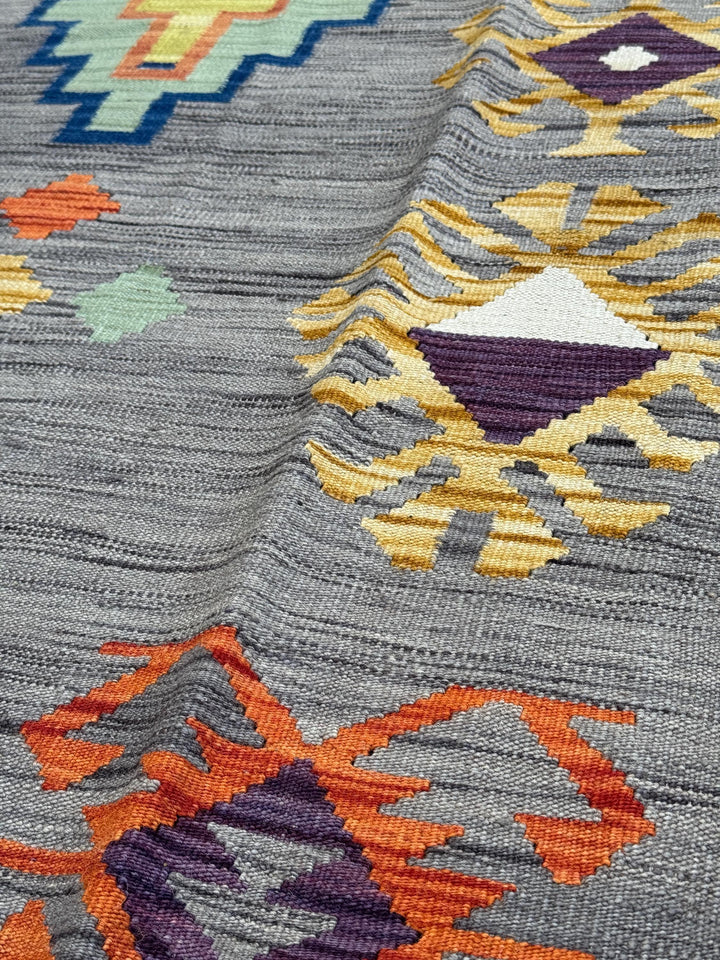 3x5 (91x152) Handmade Afghan Kilim Rug | Grey Charcoal Powder Denim Navy Blue Purple White Cream Yellow Orange Saffron | Wool Flatweave