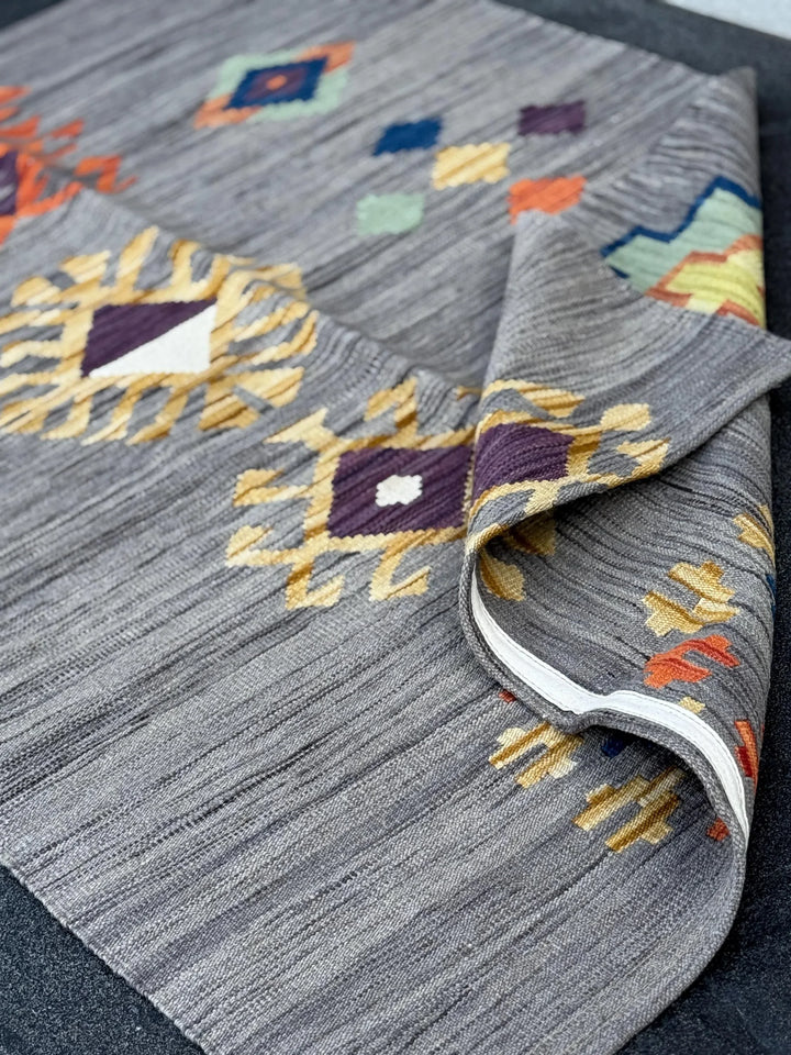 3x5 (91x152) Handmade Afghan Kilim Rug | Grey Charcoal Powder Denim Navy Blue Purple White Cream Yellow Orange Saffron | Wool Flatweave